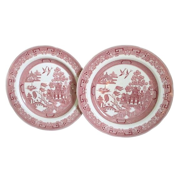 2 Spode Archive Georgian Series Willow Dinner Plates Pink Transfer - Picture 1 of 6
